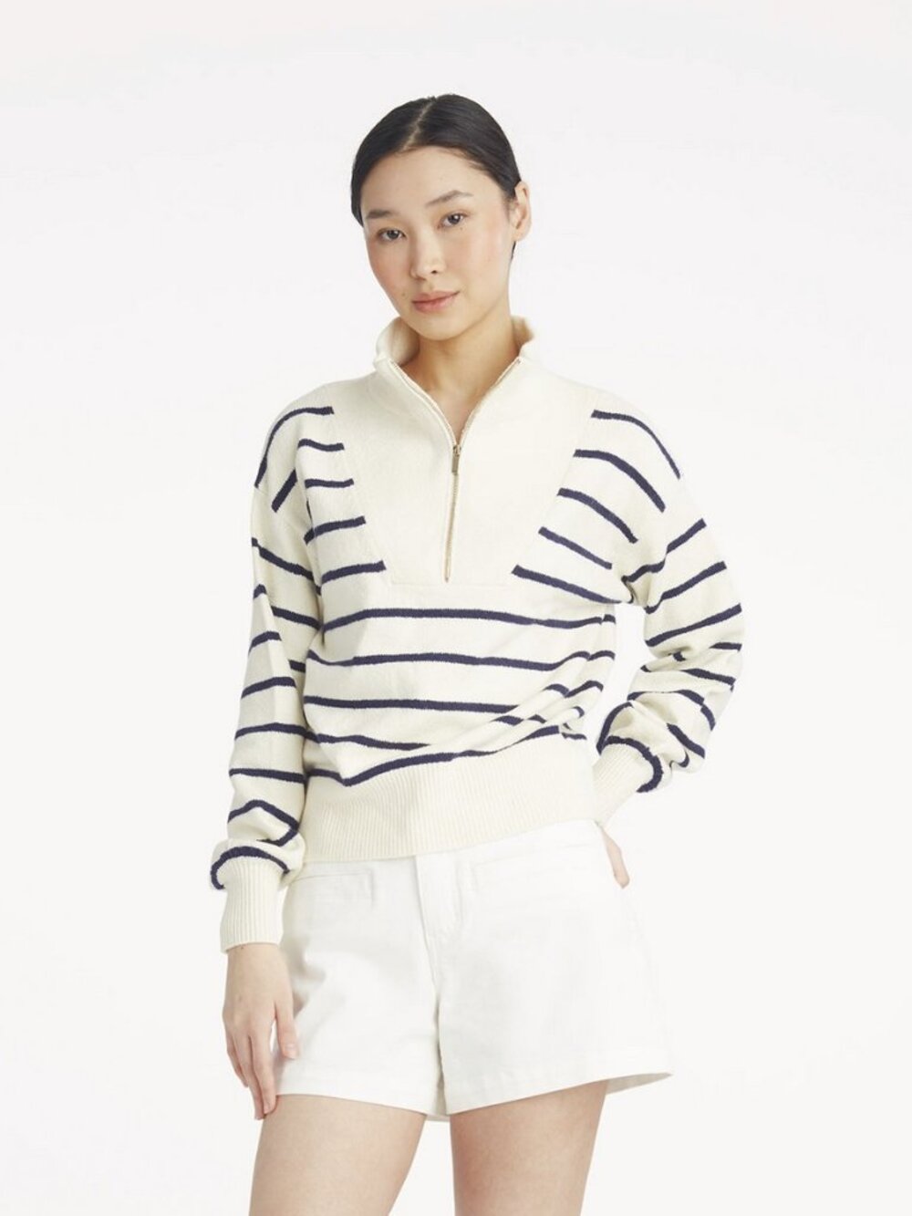 Draper James Cream & Navy Striped Half-Zip Sweater